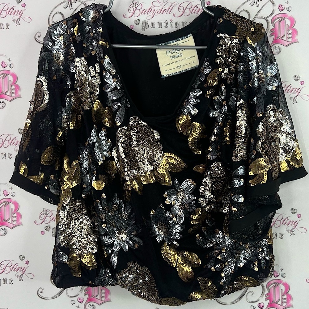 California moonrise top embroidered fully sequins Black Sequin Floral Blouse